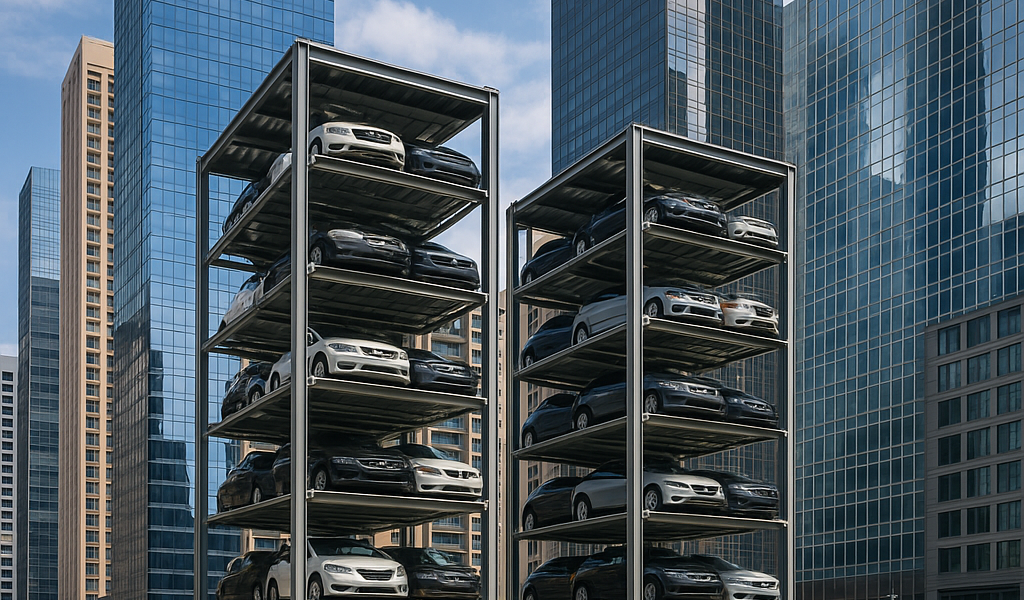 torres de estacionamiento vertical modernas con autos en varios niveles en una ciudad con rascacielos