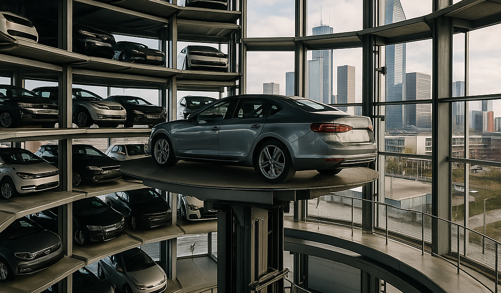 torre de estacionamiento automatizado moderno con autos organizados y vista urbana futurista