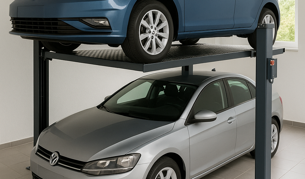 elevador para autos moderno en un garaje residencial con un vehículo elevado