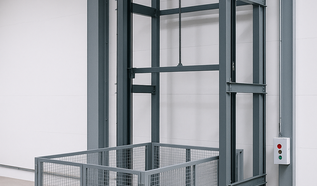 elevador montacargas eléctrico moderno en entorno industrial limpio con estructura metálica