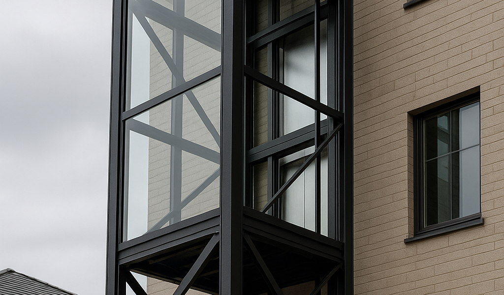 elevador exterior de vidrio con estructura metálica negra junto a edificio moderno
