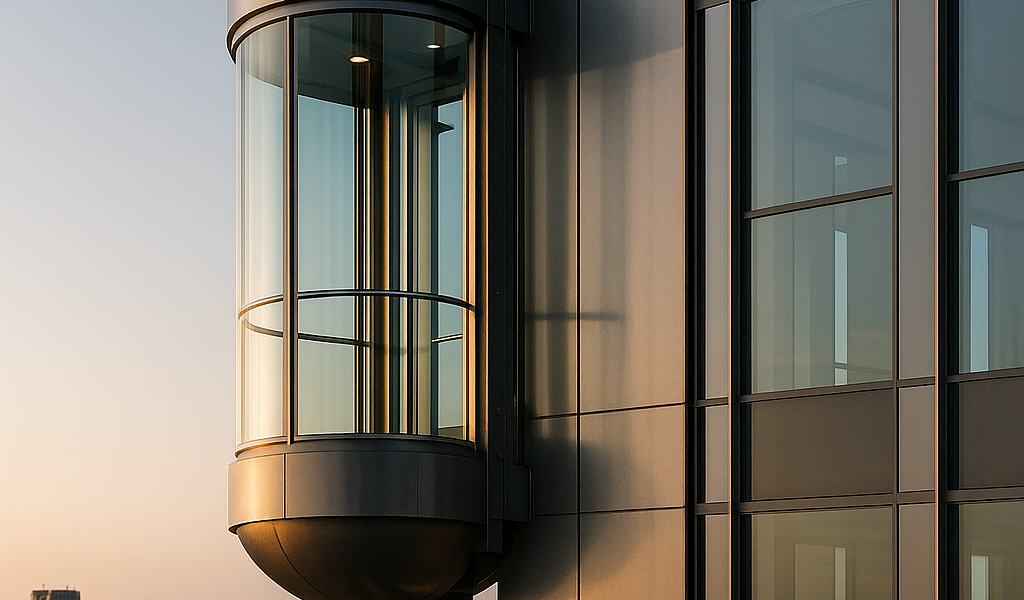 elevador panorámico exterior de vidrio instalado en edificio moderno con vista urbana