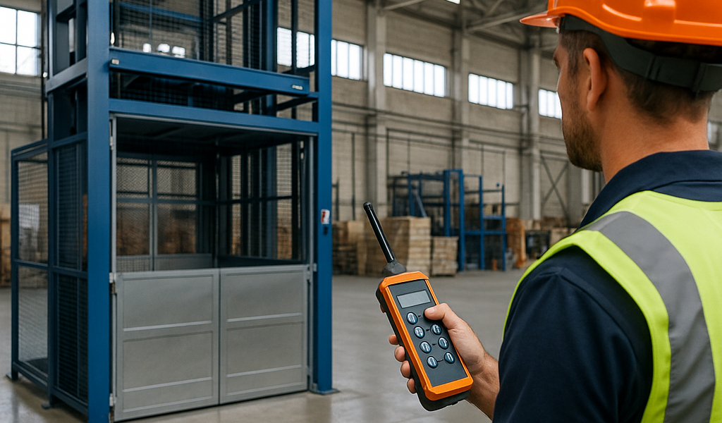 operador usando control remoto inalámbrico para manejar un elevador montacargas moderno en entorno industrial