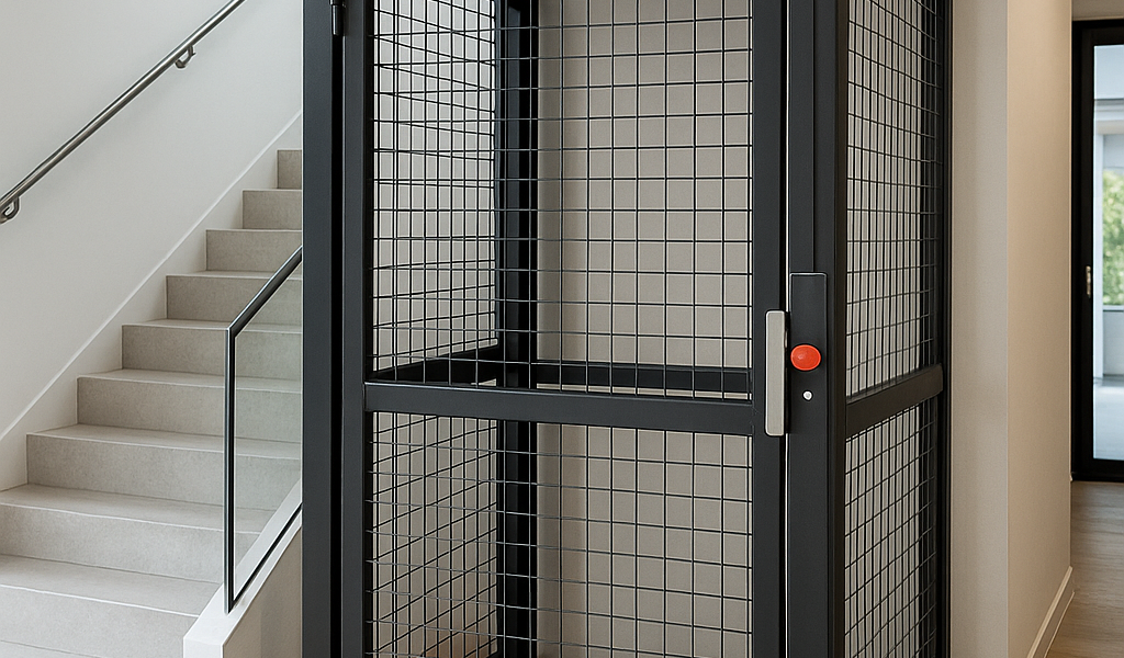 montacargas residencial moderno de vidrio y acero instalado en el interior de una casa elegante