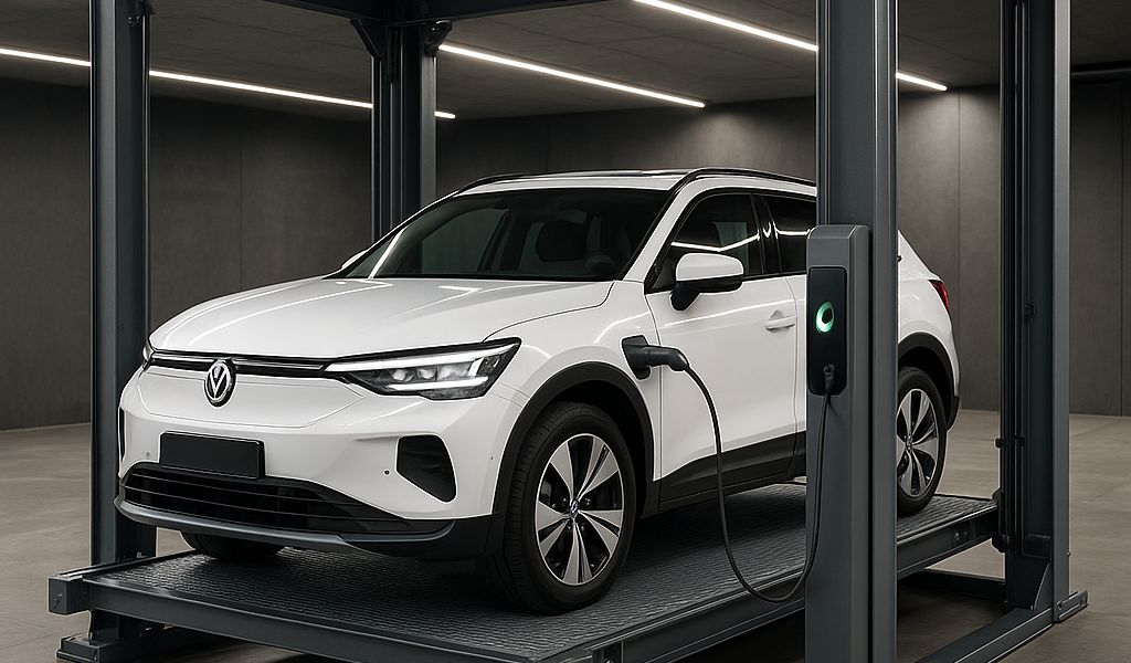 elevador moderno con estación de carga para autos eléctricos en garaje urbano iluminado