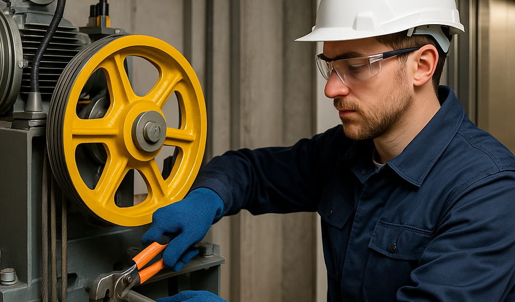 técnico profesional realizando mantenimiento a un elevador moderno en edificio