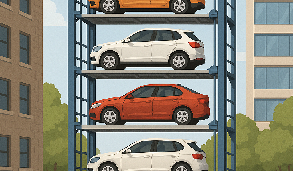 vista moderna de un estacionamiento automatizado vertical con autos en plataformas elevadas