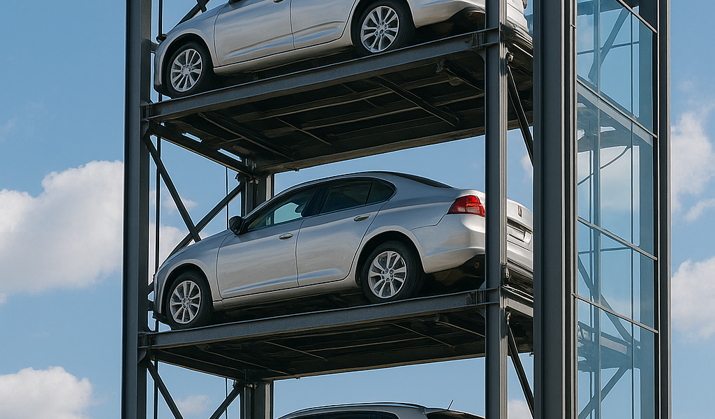 torre de estacionamiento automatizada moderna con autos apilados en varios niveles en una ciudad latinoamericana