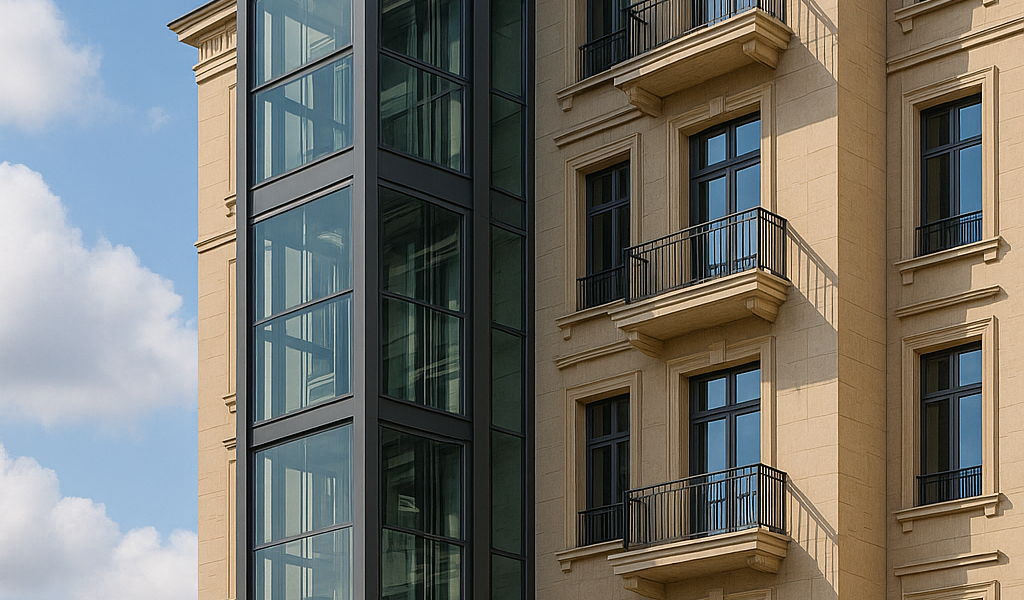 elevador exterior de vidrio moderno instalado en la fachada de un edificio contemporáneo