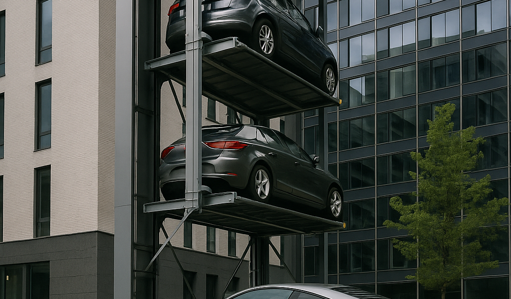 torre de estacionamiento automatizada moderna con autos apilados en estructura metálica urbana