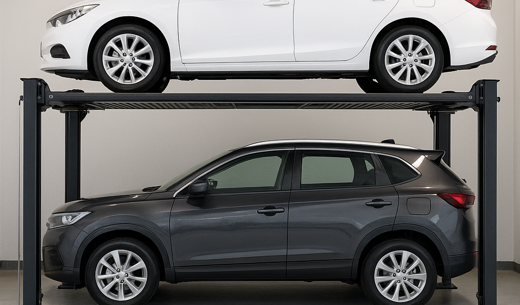 Elevador para autos de doble plataforma con dos vehículos estacionados en un sistema vertical moderno