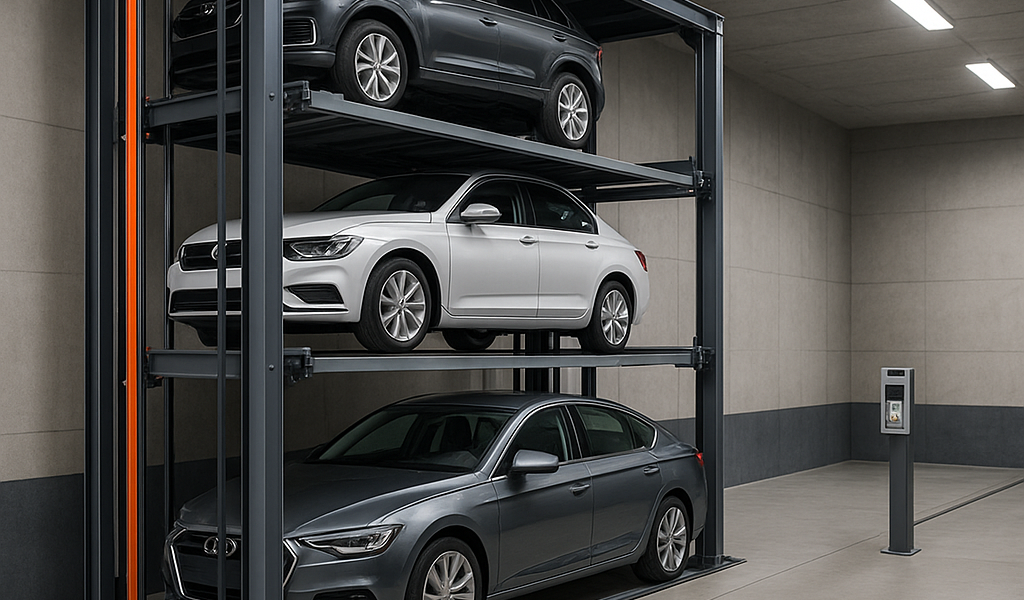 Torre de estacionamiento automatizada con varios autos elevándose dentro de un garaje moderno