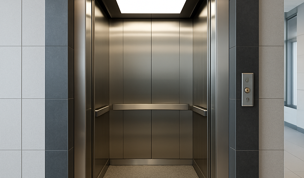 Elevador comercial moderno en un edificio corporativo con cabina amplia y puertas de acero inoxidable