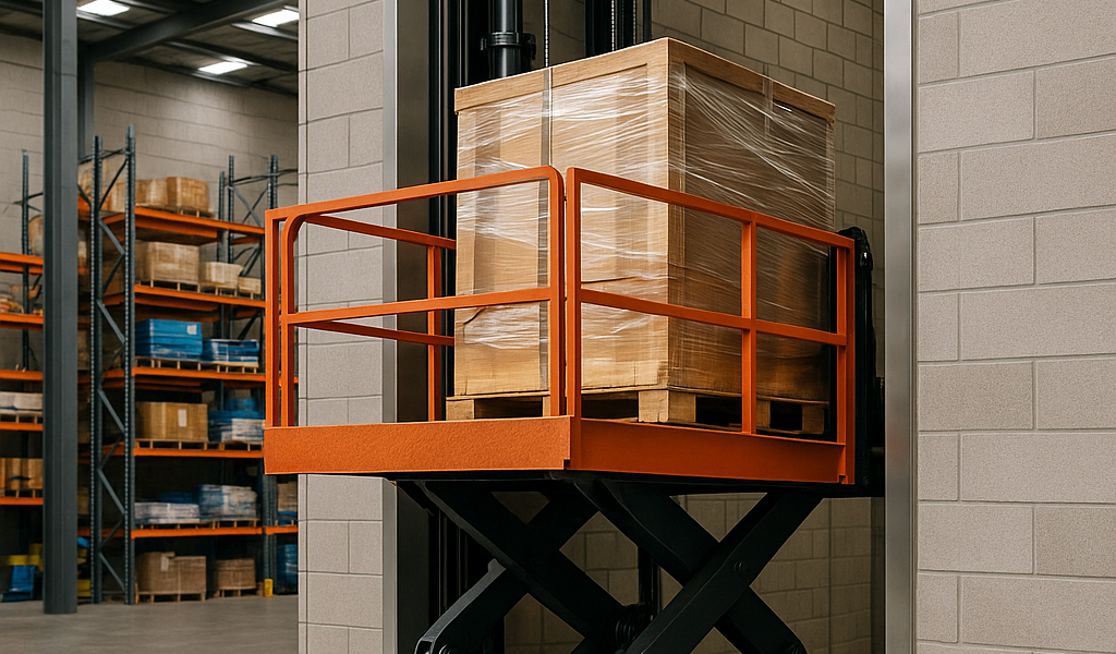 Elevador montacargas personalizado levantando carga pesada dentro de un almacén industrial moderno