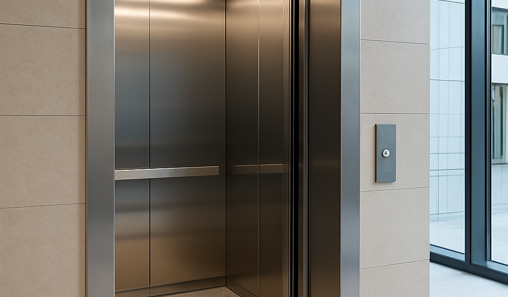 Elevador moderno con puertas abiertas en un edificio contemporáneo iluminado y de diseño minimalista