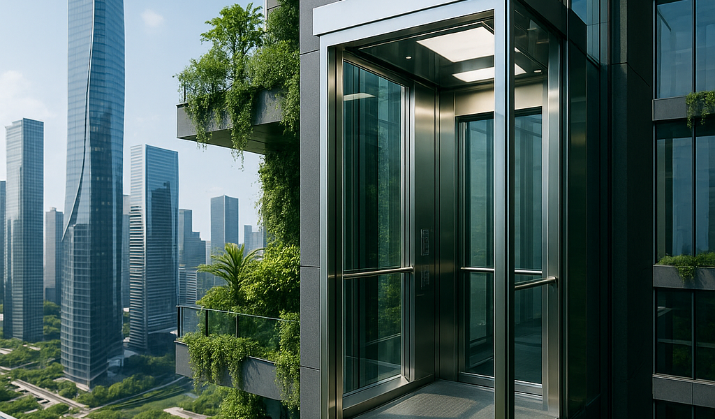 Elevador futurista en un edificio moderno con diseño sustentable y cabina de vidrio panorámico