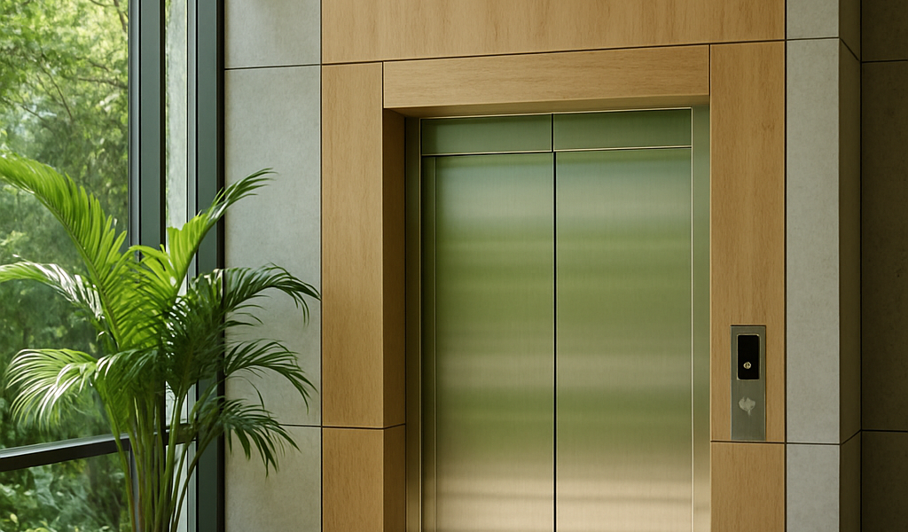 Elevador ecológico moderno con diseño sostenible en un edificio iluminado con luz natural