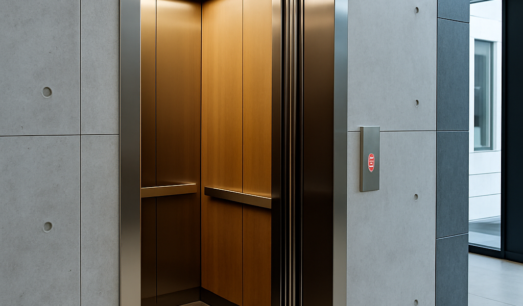 Elevador moderno en un edificio contemporáneo con cabina iluminada y diseño minimalista