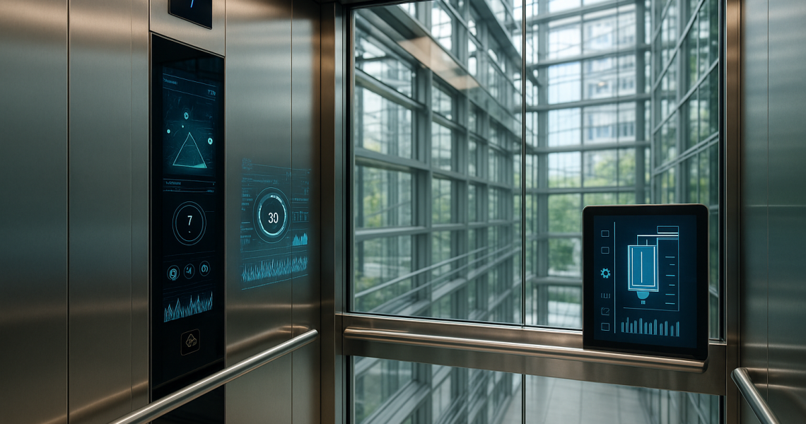 Elevador moderno dentro de un edificio inteligente con sensores y paneles tecnológicos