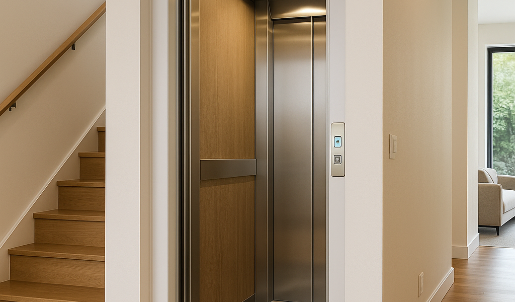 Elevador residencial moderno integrado en una casa con diseño elegante y cabina compacta