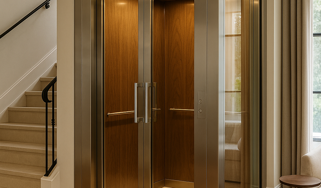 Elevador residencial de lujo con diseño moderno integrado en el interior de una casa elegante