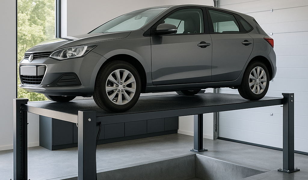 Elevador para autos instalado en un garaje moderno, con un vehículo sobre una plataforma elevada