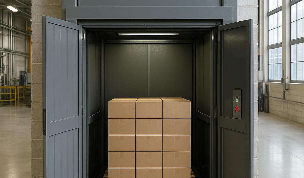 Elevador montacargas moderno elevando un pallet dentro de una planta industrial iluminada