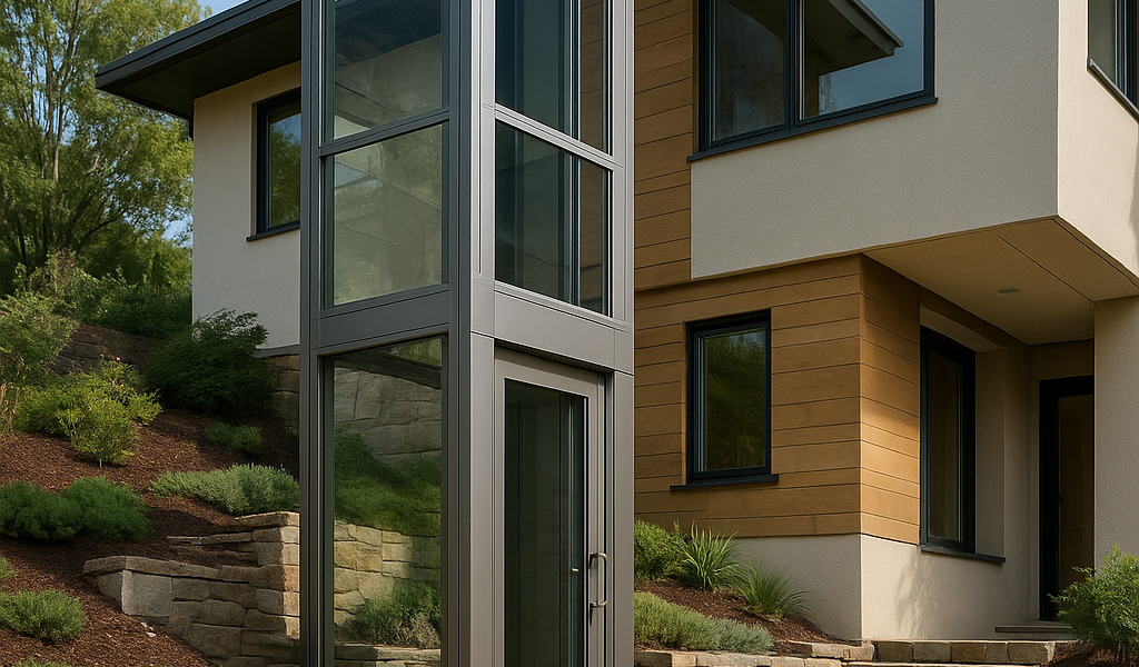 Elevador exterior instalado en una vivienda con desnivel, con cabina panorámica y estructura moderna