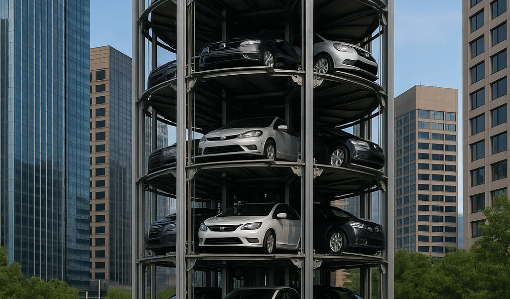 Torre de estacionamiento automatizada con autos almacenados en niveles verticales dentro de una ciudad moderna