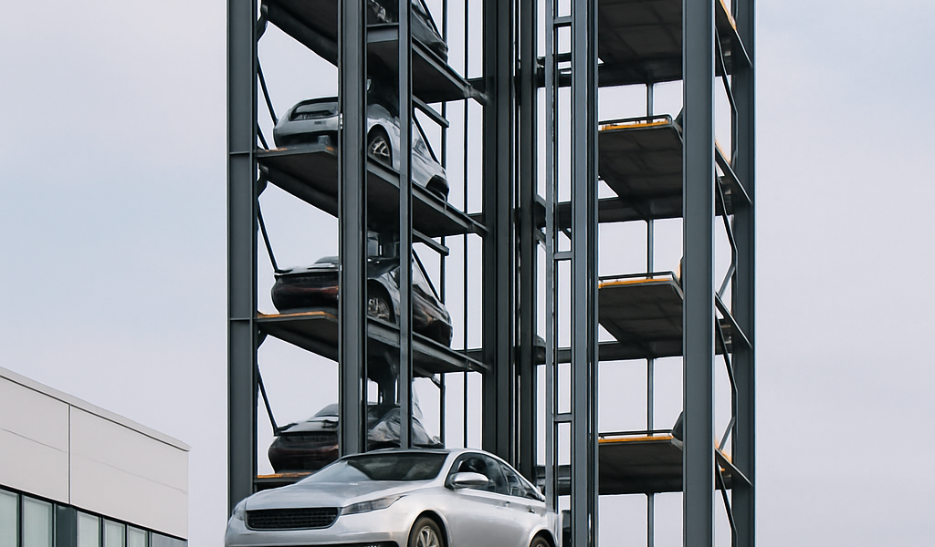 Estructura vertical de torre de estacionamiento automatizada con plataformas elevadas para autos