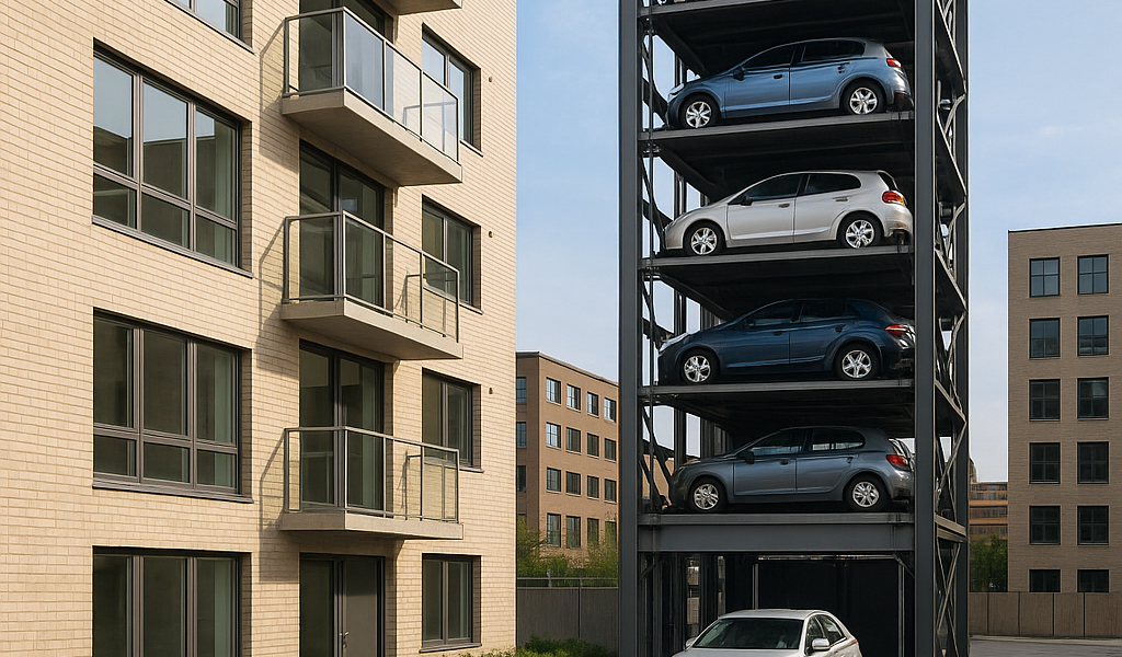 torre de estacionamiento automatizada con autos acomodados en niveles verticales
