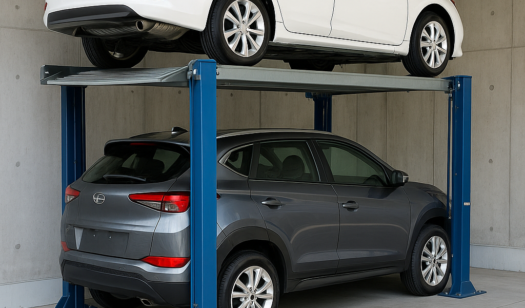Sistema de elevadores de auto en un estacionamiento moderno con dos vehículos en plataformas elevadas