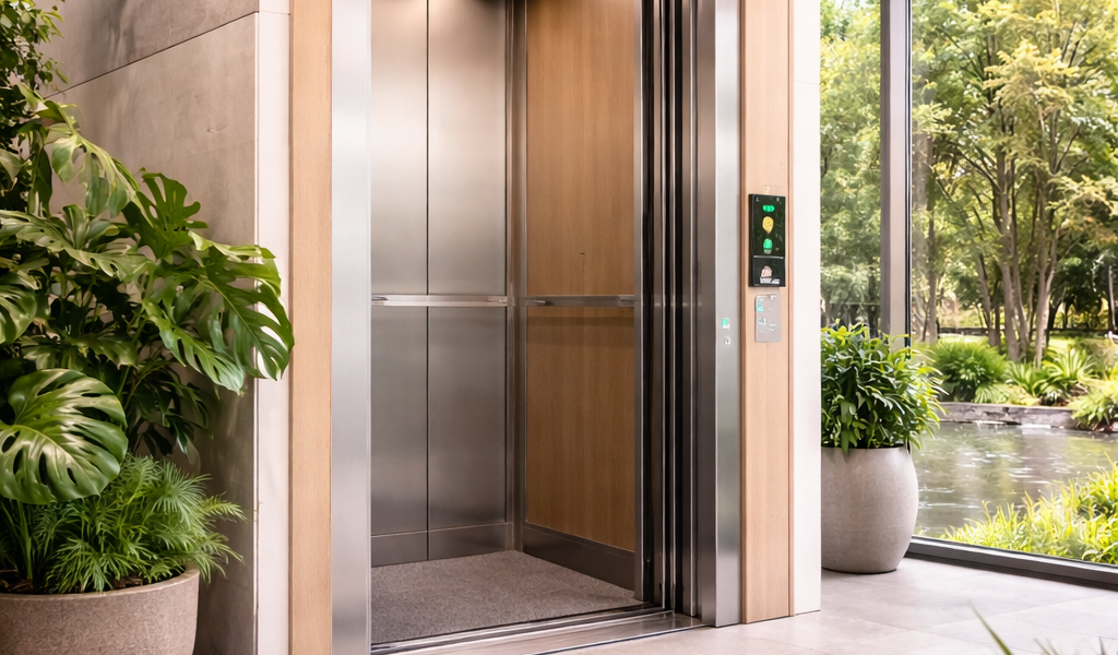 Elevador ecológico de tracción sin aceite instalado en edificio moderno con diseño sostenible y alta eficiencia energética