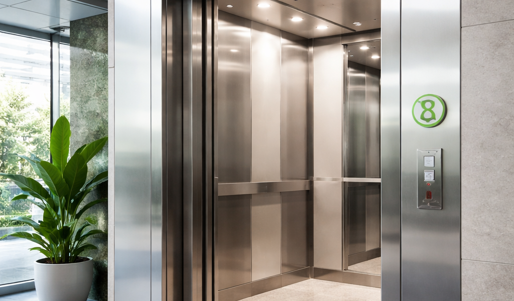 Elevador ecológico de bajo consumo instalado en edificio comercial moderno con sistemas eficientes y diseño sostenible