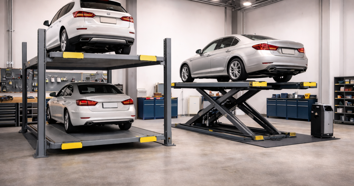 Elevadores para autos residenciales y comerciales tipo plataforma e hidráulicos instalados en estacionamiento moderno