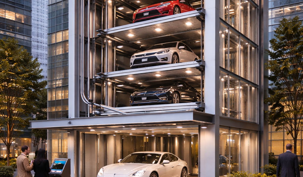 Estacionamientos verticales automatizados para edificios urbanos con torres, plataformas y sistema robotizado en entorno moderno