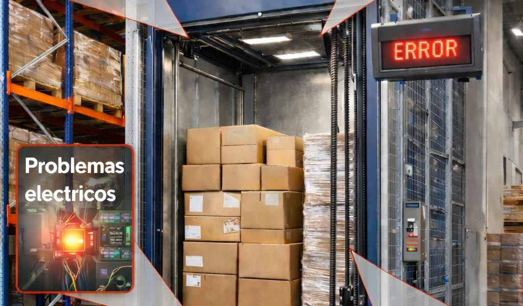 Elevador montacargas industrial en operación con carga pesada mostrando fallas comunes que afectan el rendimiento de elevadores montacargas industriales