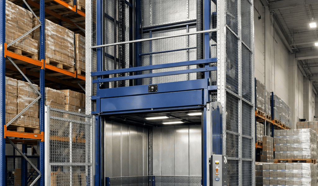 Elevador montacargas industrial instalado en nave logística mostrando estructura vertical para carga pesada
