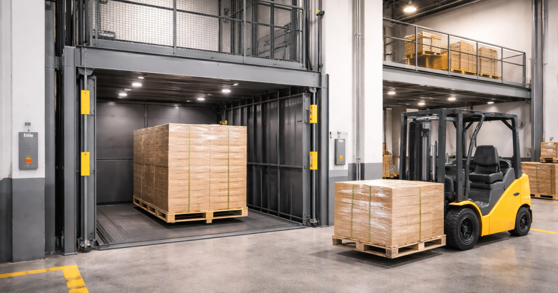 Elevador montacargas industrial según tipo de carga y espacio disponible operando en almacén con pallets y mercancía pesada
