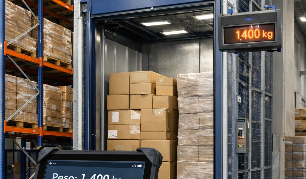 Montacargas industrial de carga en bodega logística calculando capacidad ideal según peso real y volumen de mercancía.