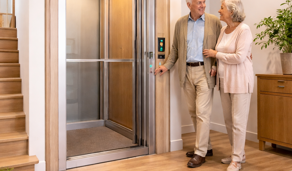 Elevador residencial silencioso instalado en vivienda moderna, diseñado para accesibilidad y uso seguro de adultos mayores