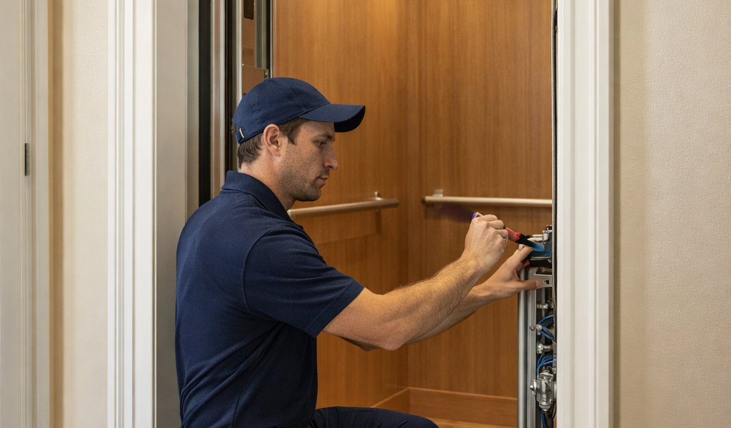 Técnico realizando mantenimiento preventivo de elevador residencial moderno en vivienda unifamiliar