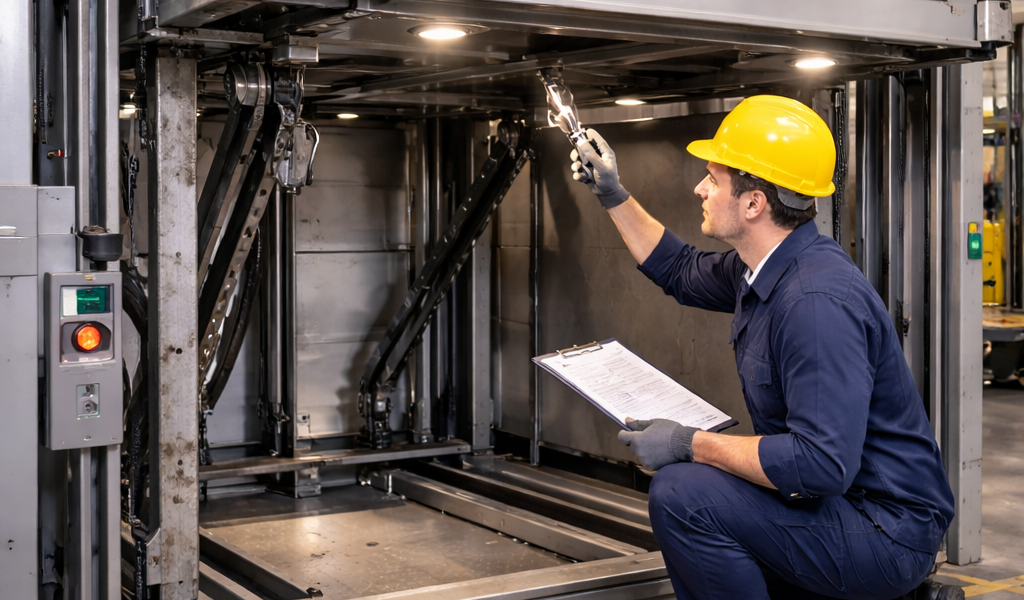 Elevador para autos en estacionamiento con técnico realizando mantenimiento preventivo y revisión de sistemas mecánicos