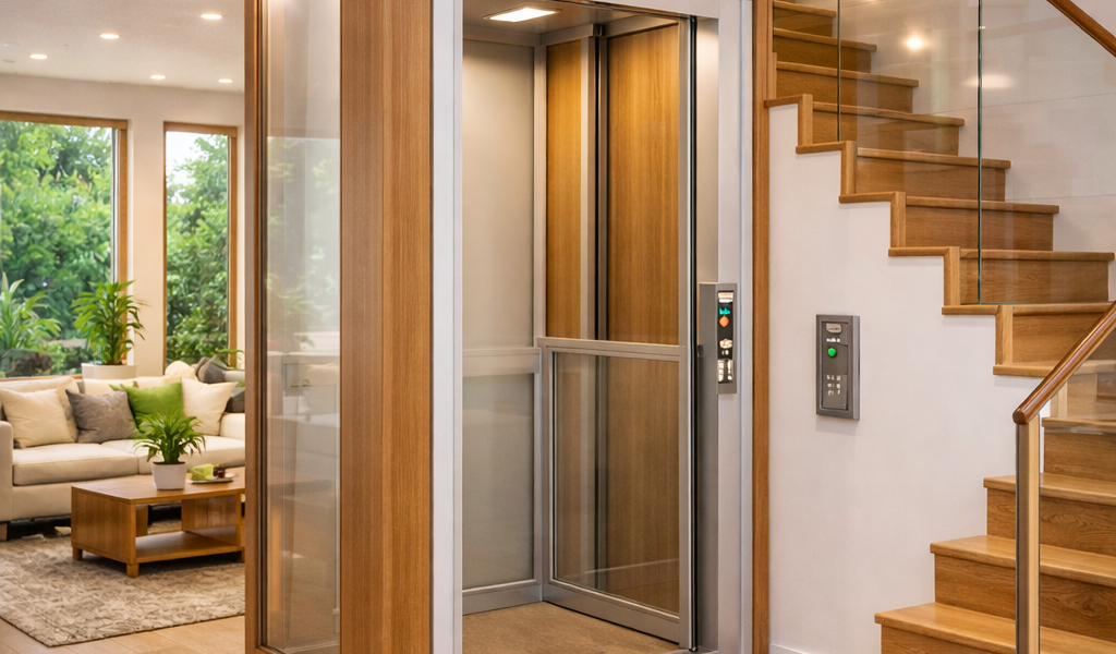 Elevador doméstico ecológico de bajo consumo energético instalado en vivienda moderna con diseño sostenible