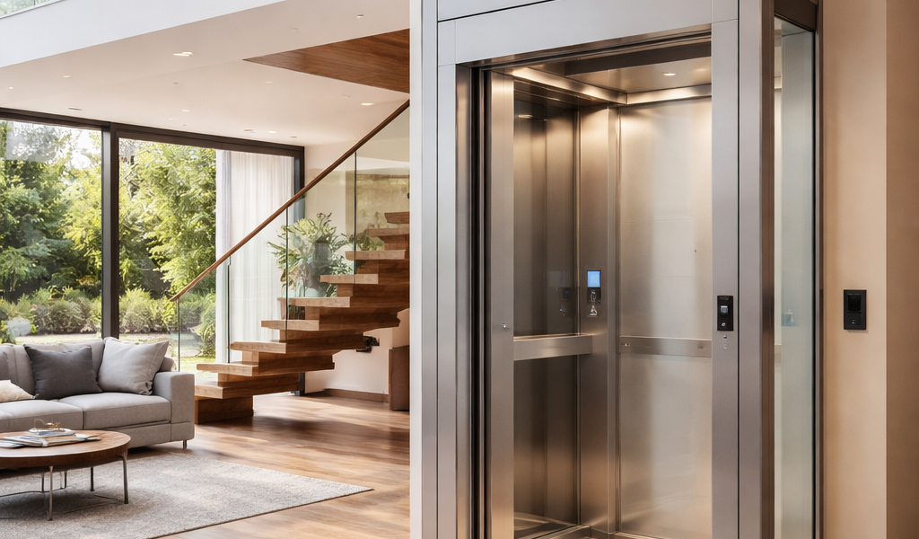 Elevador residencial para casas de dos o más niveles integrado en vivienda moderna de varios pisos