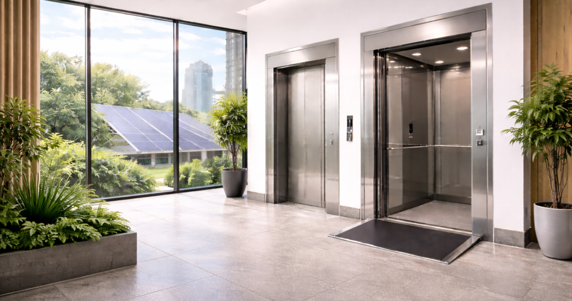 elevadores eficientes para reducir consumo eléctrico en edificios modernos con luz natural, vegetación interior y panel solar visible