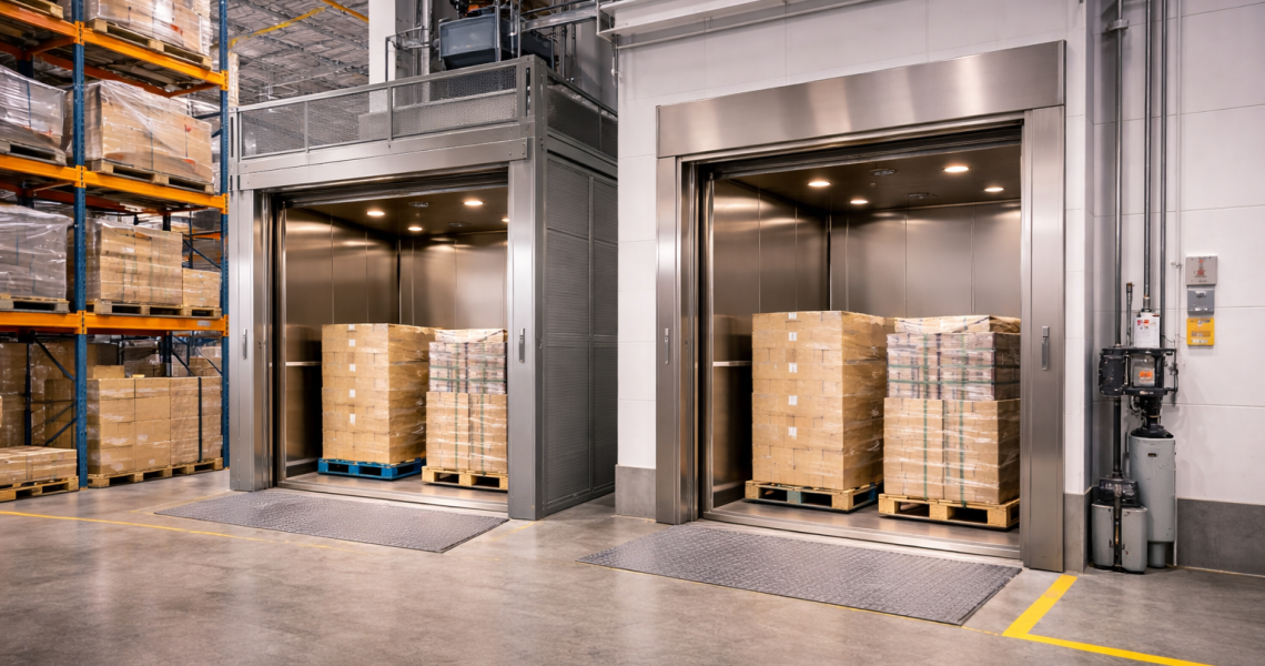 Montacargas eléctricos e hidráulicos para pymes operando en bodega moderna con pallets y estructura industrial