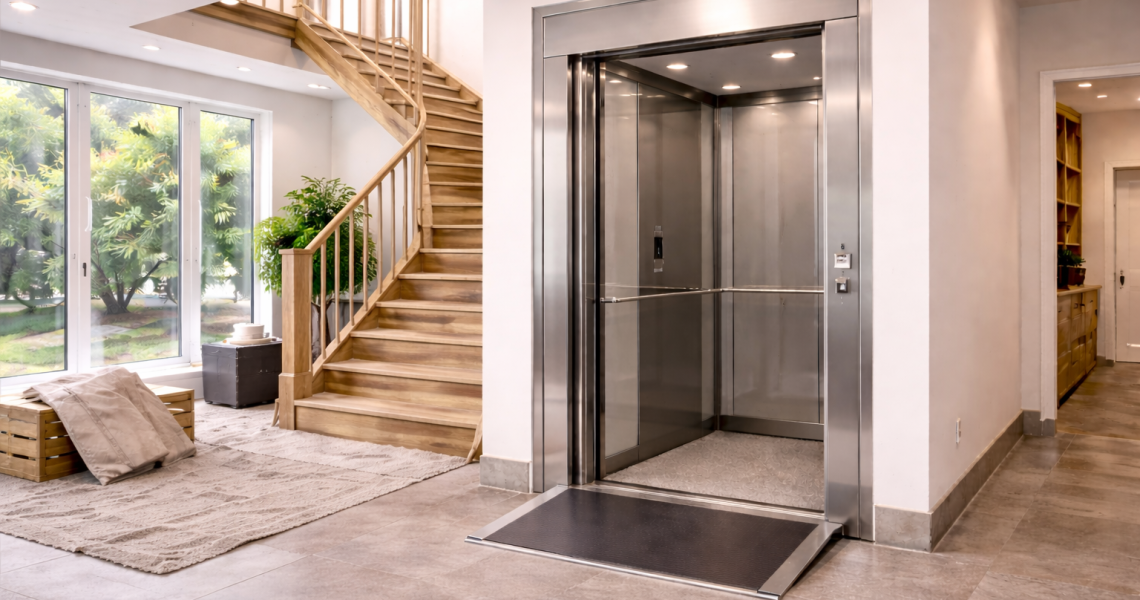 Elevador residencial sin foso instalado en vivienda moderna mostrando plataforma elevada junto a escalera interior