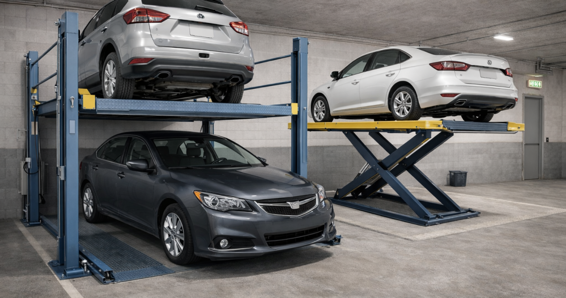 Elevador de plataforma para autos residenciales junto a elevador tipo tijera en garaje compacto con dos vehículos