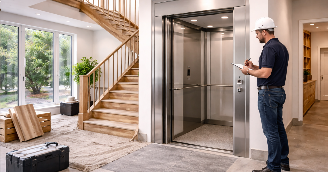 Elevador residencial moderno en vivienda de dos pisos con técnico inspeccionando instalación durante evaluación previa